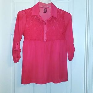 Forever Orchid Girl's Large 14 Fuschia Pink Sheer/Lace Top